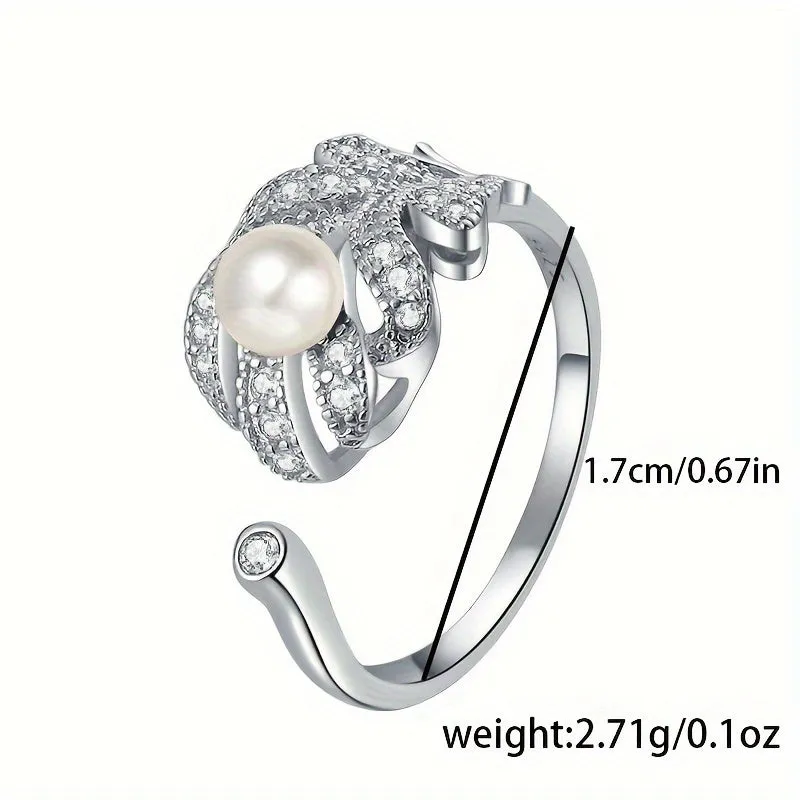Stylish Pearl & Feather Zirconia Ring in 925 Silver