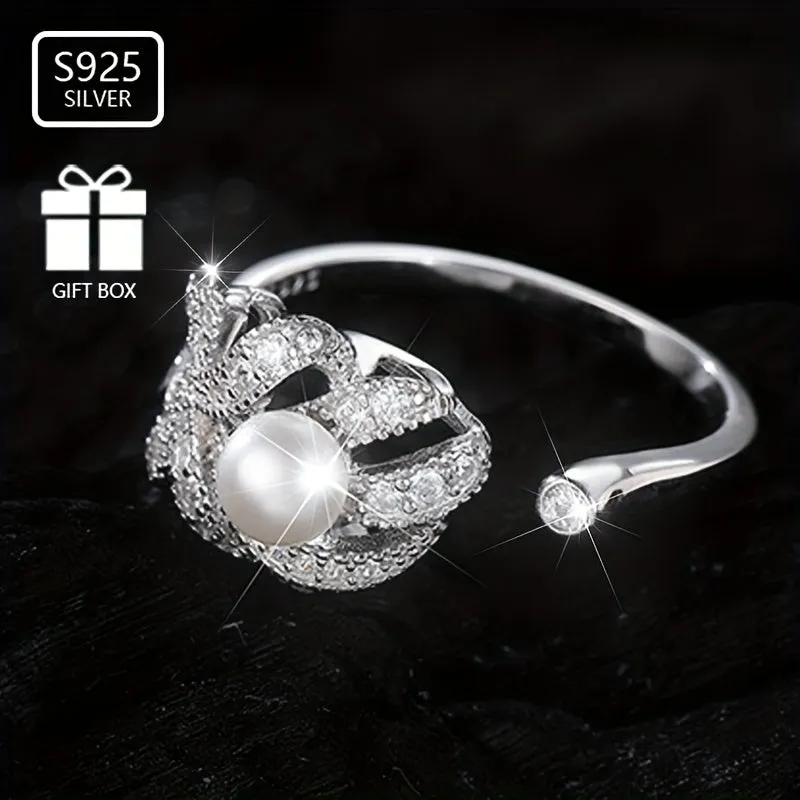 Stylish Pearl & Feather Zirconia Ring in 925 Silver