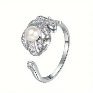 Stylish Pearl & Feather Zirconia Ring in 925 Silver