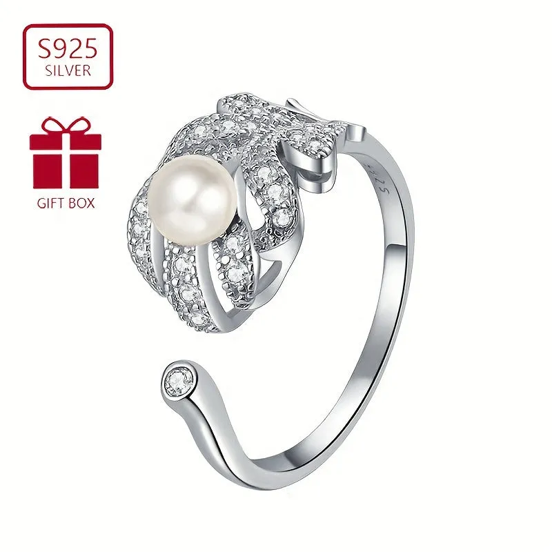 Stylish Pearl & Feather Zirconia Ring in 925 Silver