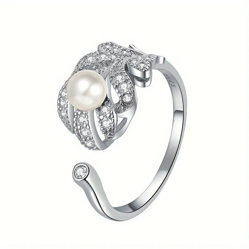 Stylish Pearl & Feather Zirconia Ring in 925 Silver