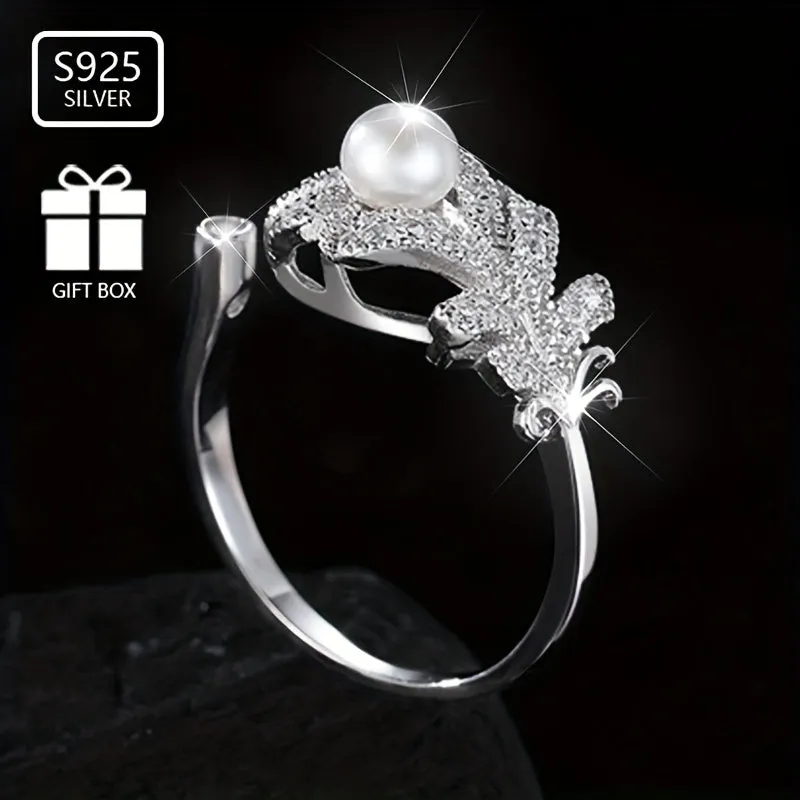 Stylish Pearl & Feather Zirconia Ring in 925 Silver