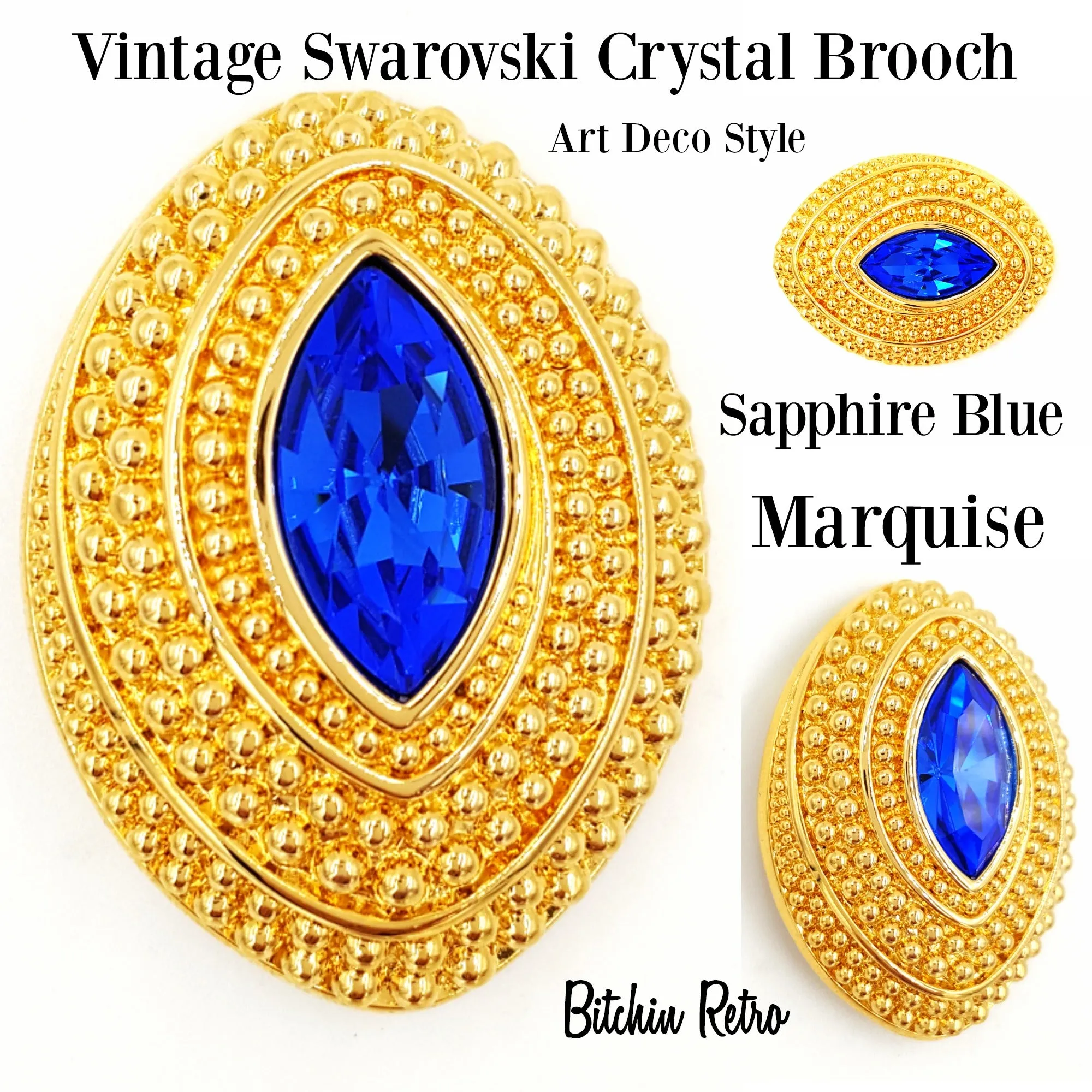 Swarovski Vintage Brooch Sapphire Blue Marquise Crystal in Domed Oval Setting