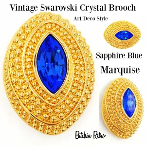 Swarovski Vintage Brooch Sapphire Blue Marquise Crystal in Domed Oval Setting