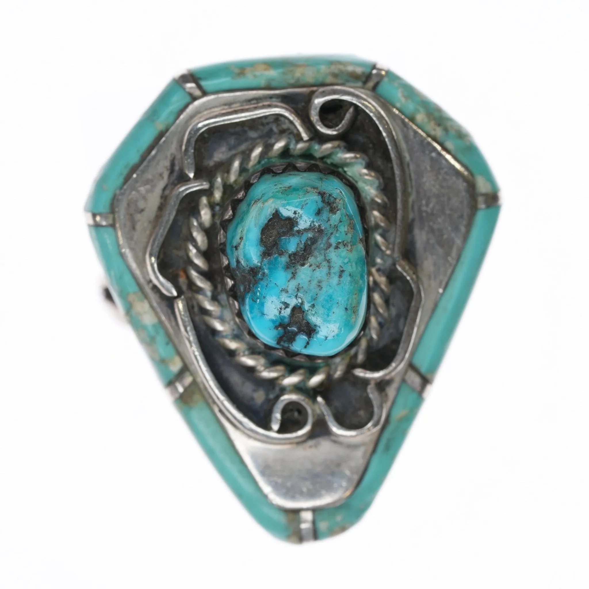 sz6.5 T Native American sterling turquoise inlay/Kingman nugget ring