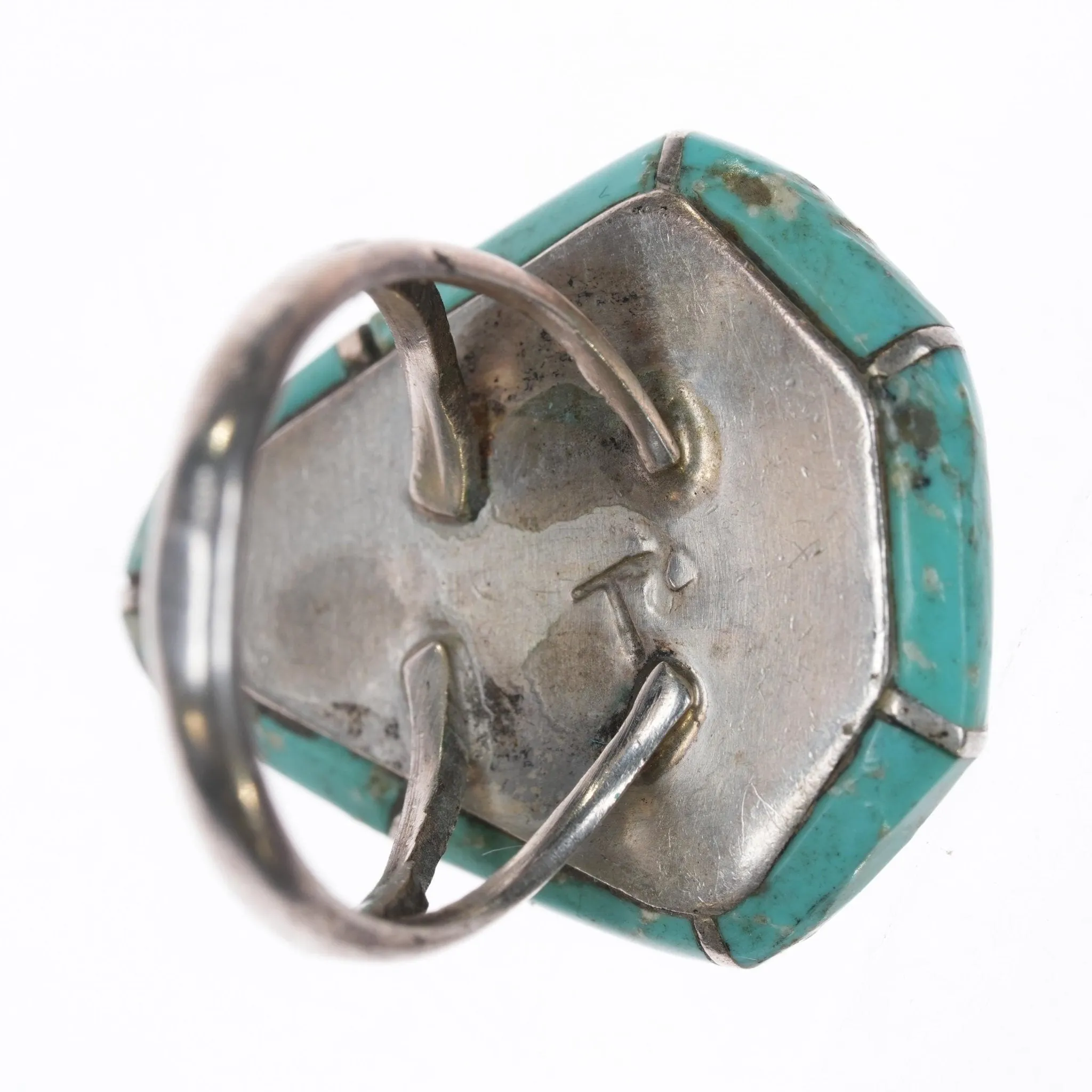 sz6.5 T Native American sterling turquoise inlay/Kingman nugget ring