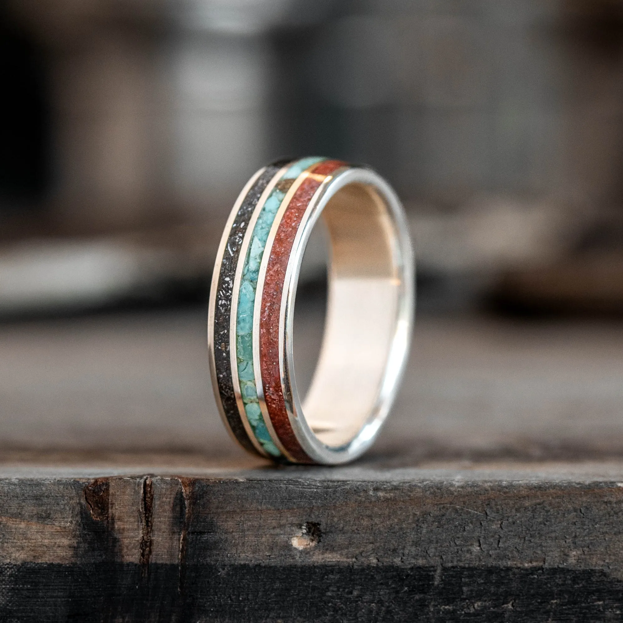 The Solstice | Men's Dinosaur Bone, Meteorite & Turquoise Sterling Silver Ring