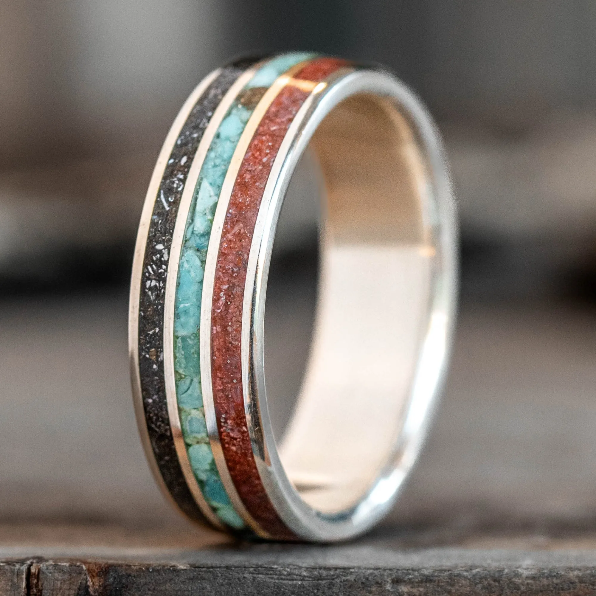The Solstice | Men's Dinosaur Bone, Meteorite & Turquoise Sterling Silver Ring