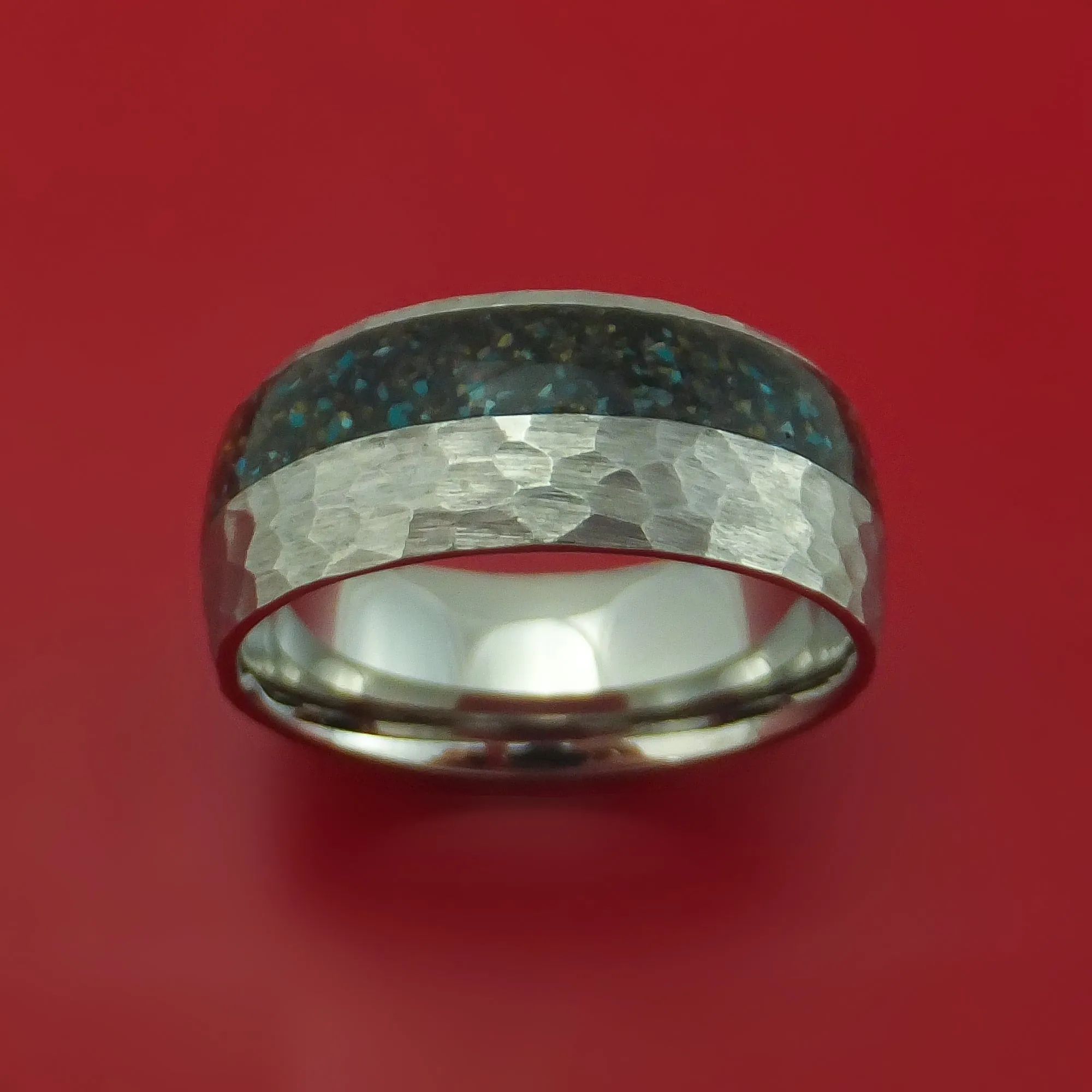 Titanium And Black Dinosaur Bone with Turquoise Ring Custom Made Fossil Band