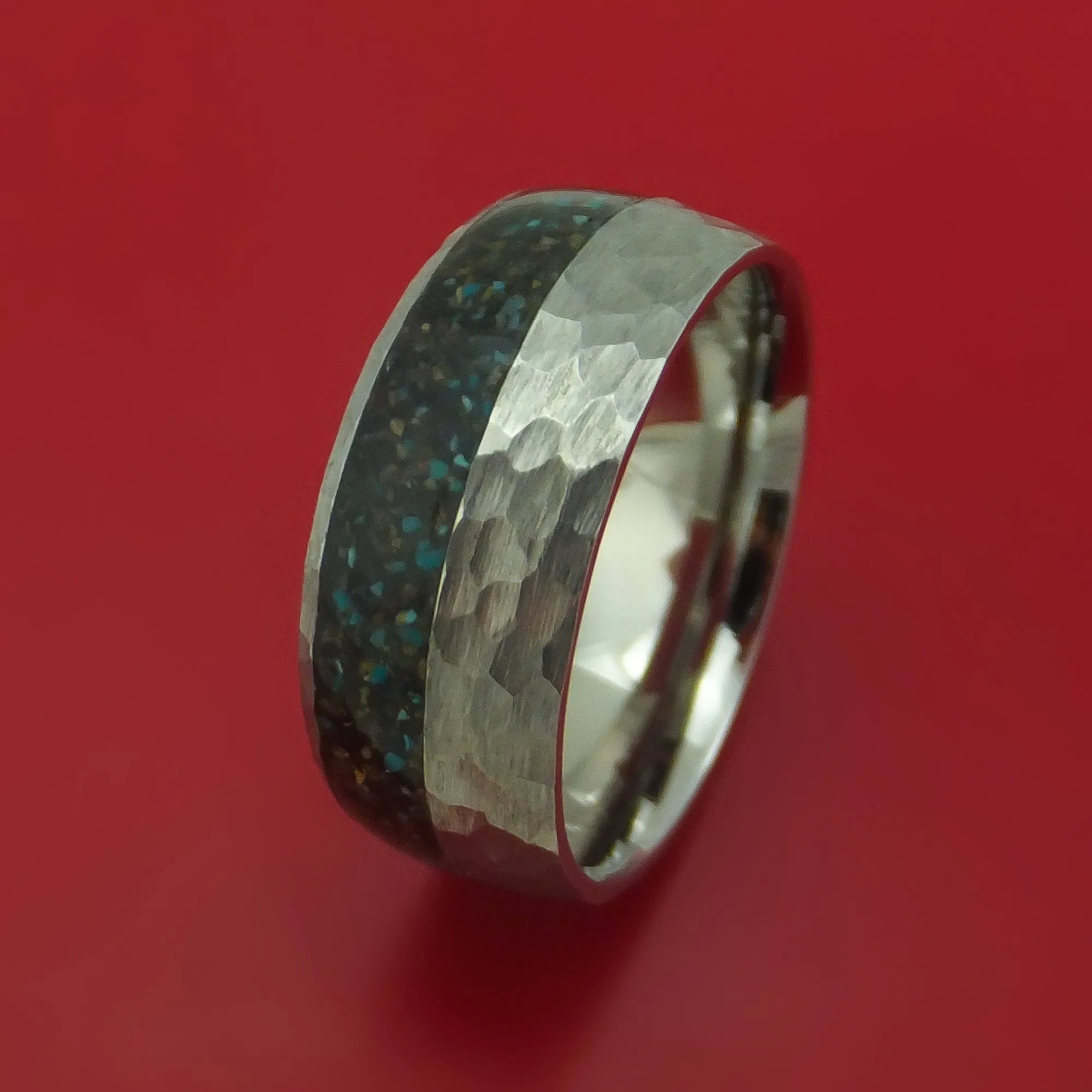 Titanium And Black Dinosaur Bone with Turquoise Ring Custom Made Fossil Band