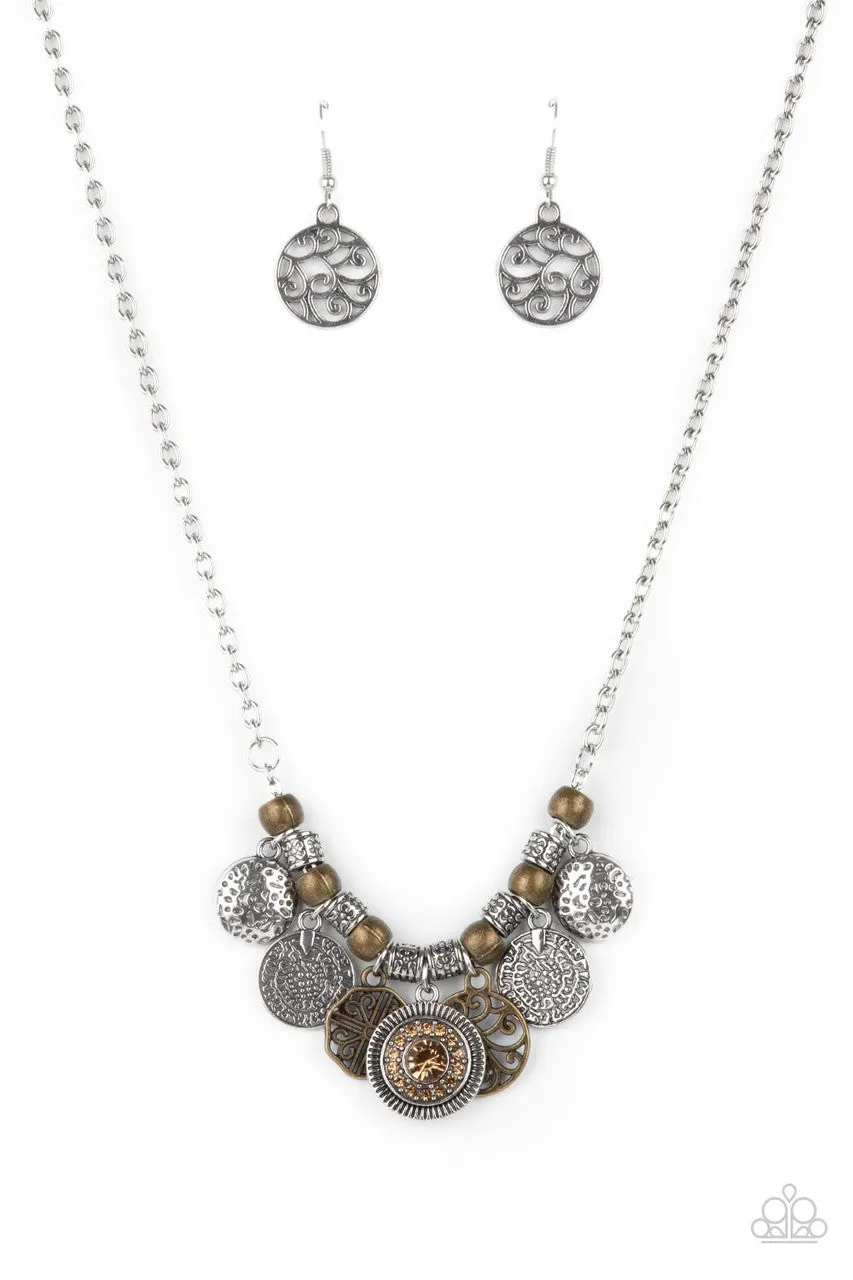 To Coin a Phrase - Brown - Brass and Rhinestone Charm Paparazzi Short Necklace