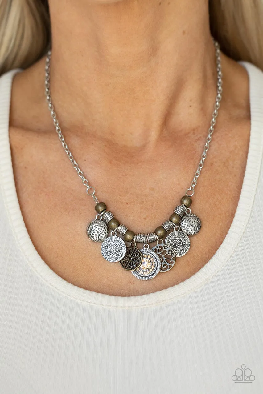 To Coin a Phrase - Brown - Brass and Rhinestone Charm Paparazzi Short Necklace