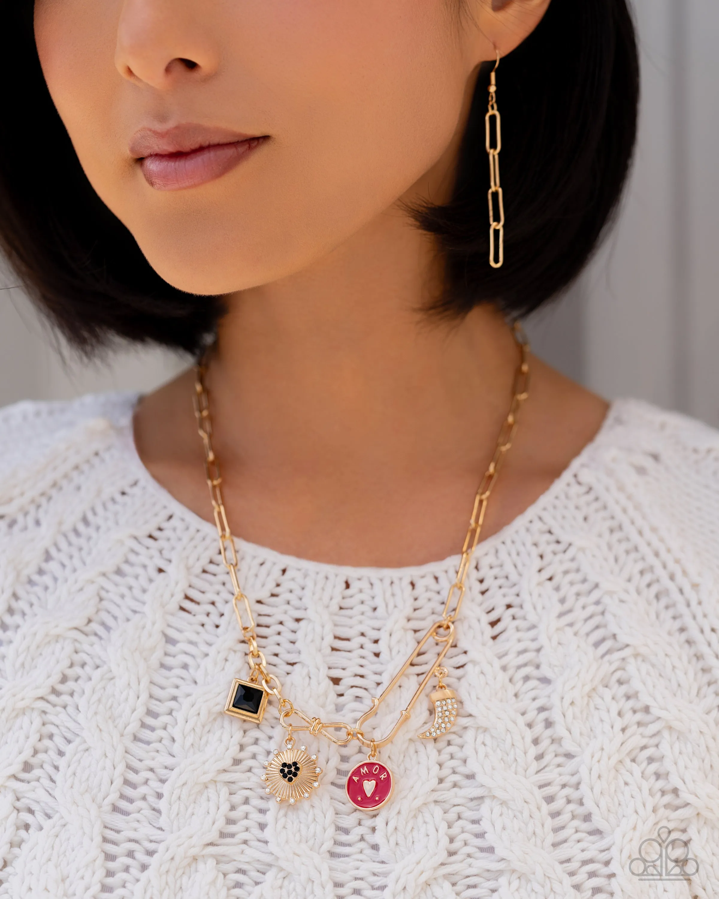 Trendy Trinket - Gold - Heart and Sun Charm Safety Pin Paparazzi Short Necklace - 2024 Dare to Dream Convention Exclusive