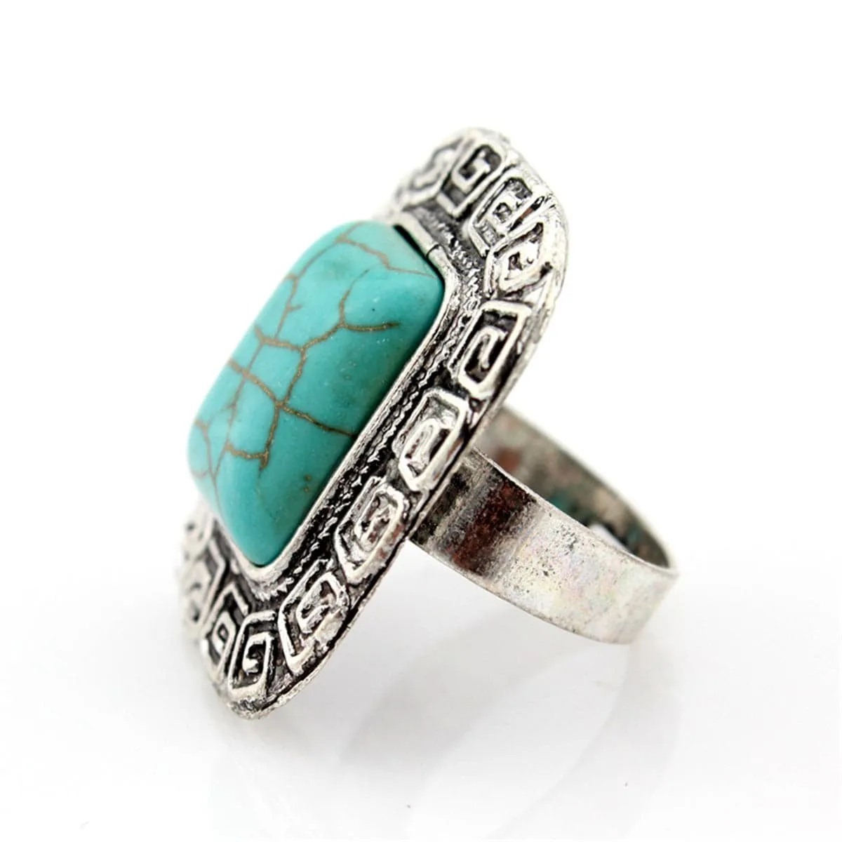 Turquoise & Silver-Plated Emerald-Cut Ring