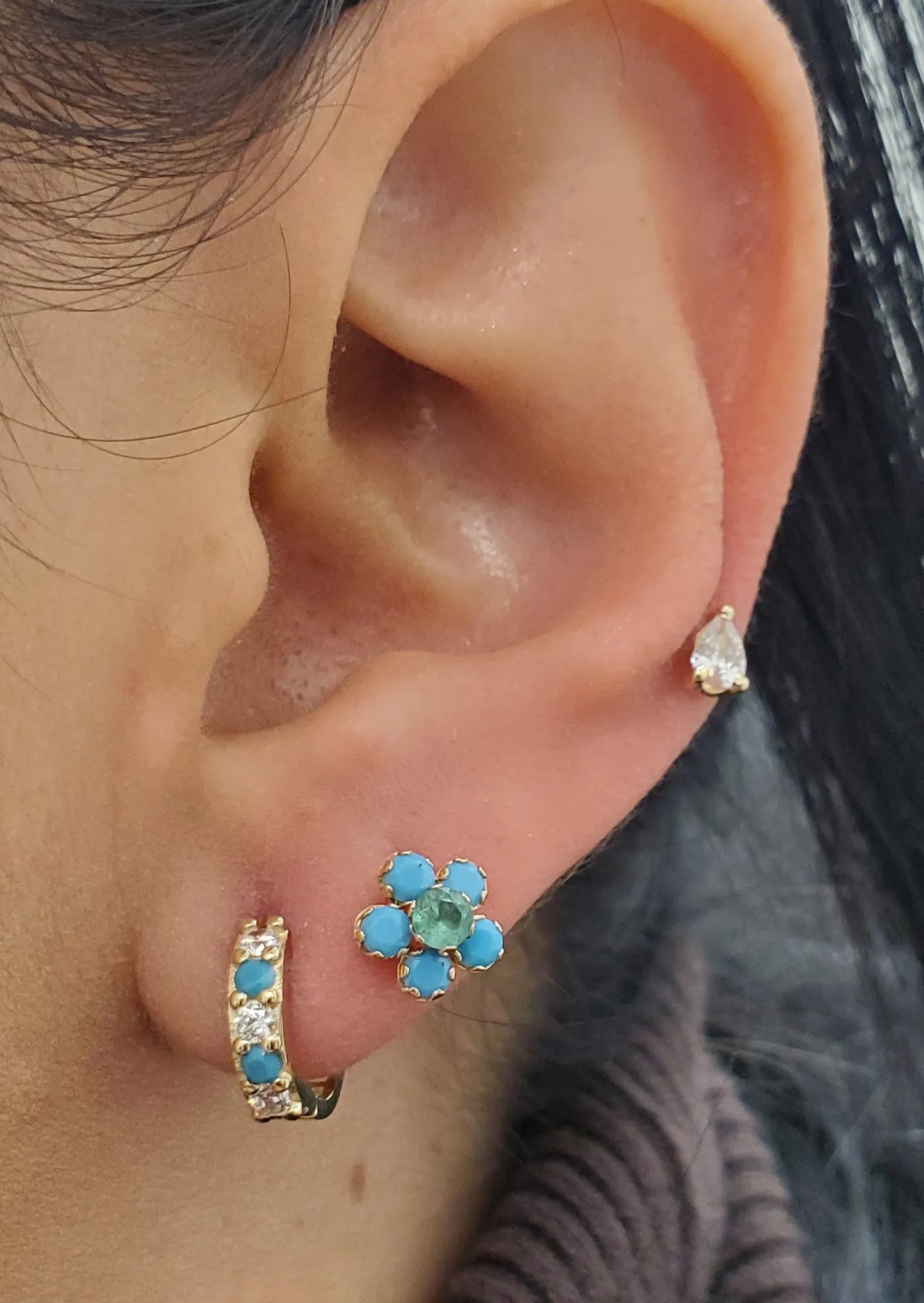 Turquoise and Emerald Daisy Flower Baby Earrings