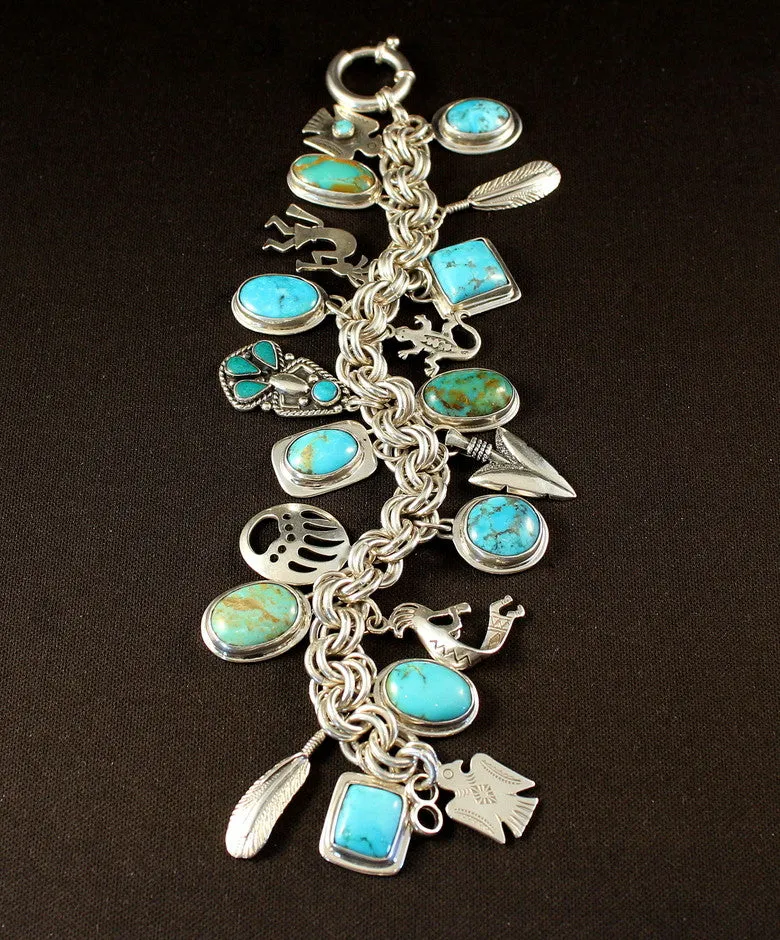 Turquoise and Sterling Silver 20-Pendant Charm Bracelet on 9.2mm Sterling Silver Rope Link Chain