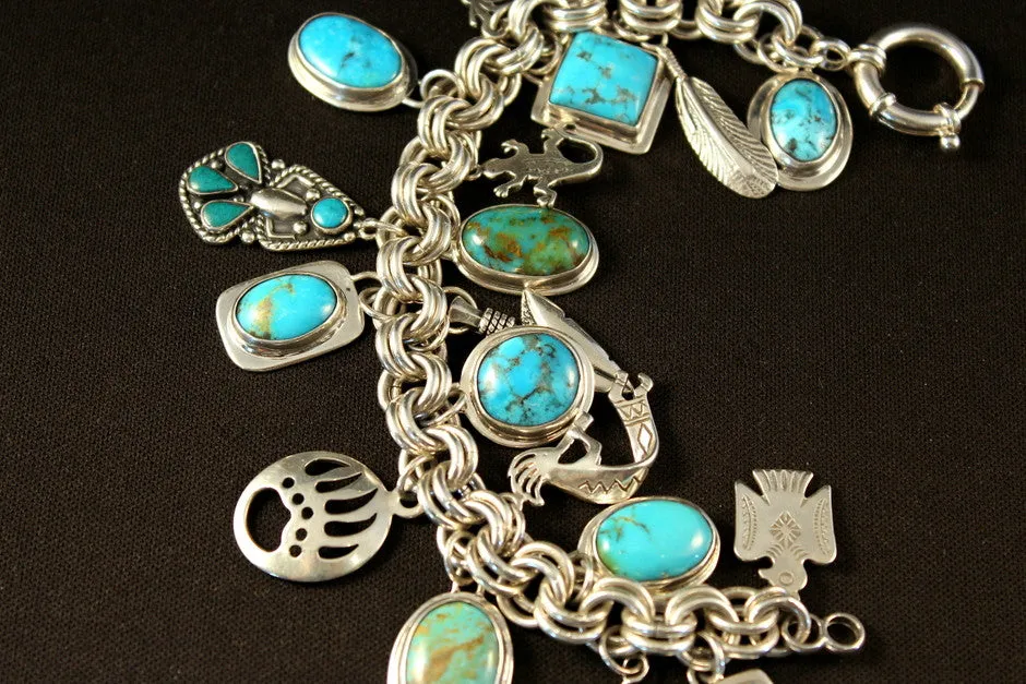 Turquoise and Sterling Silver 20-Pendant Charm Bracelet on 9.2mm Sterling Silver Rope Link Chain
