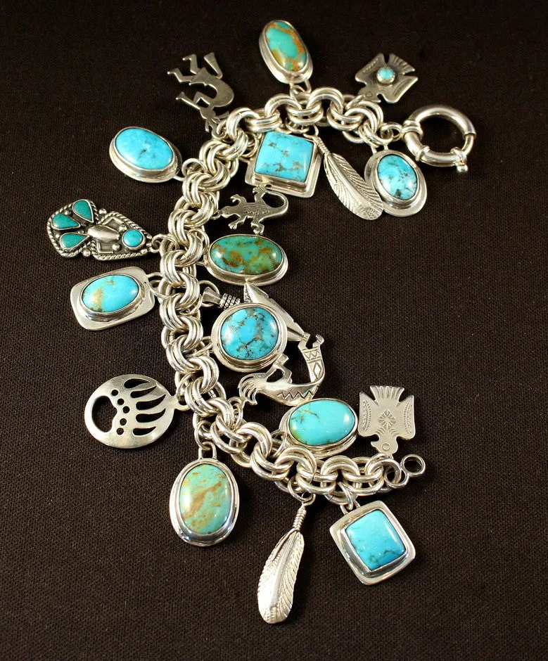 Turquoise and Sterling Silver 20-Pendant Charm Bracelet on 9.2mm Sterling Silver Rope Link Chain