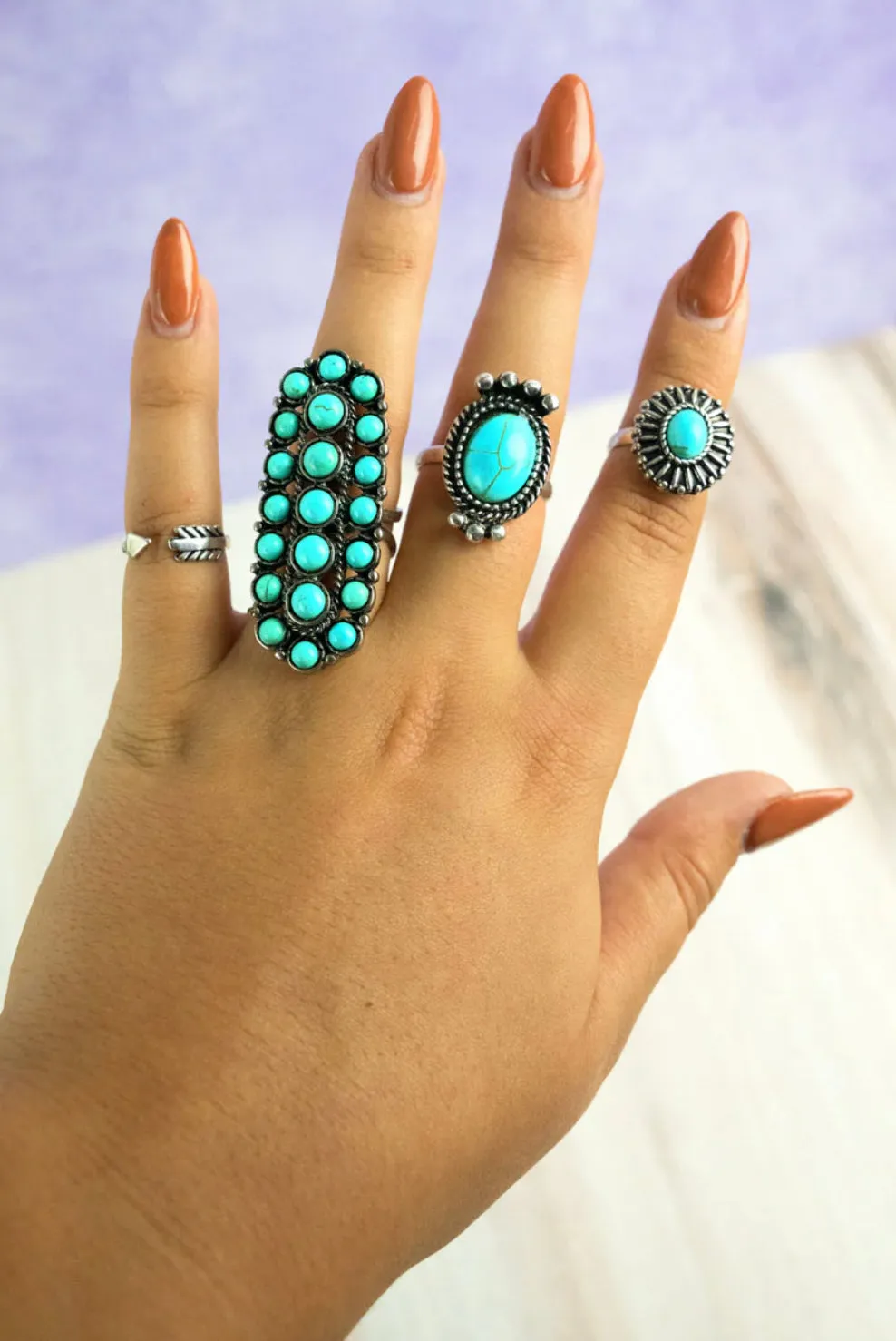 Turquoise Arrow Silvertone Western Ring 4 Piece Set