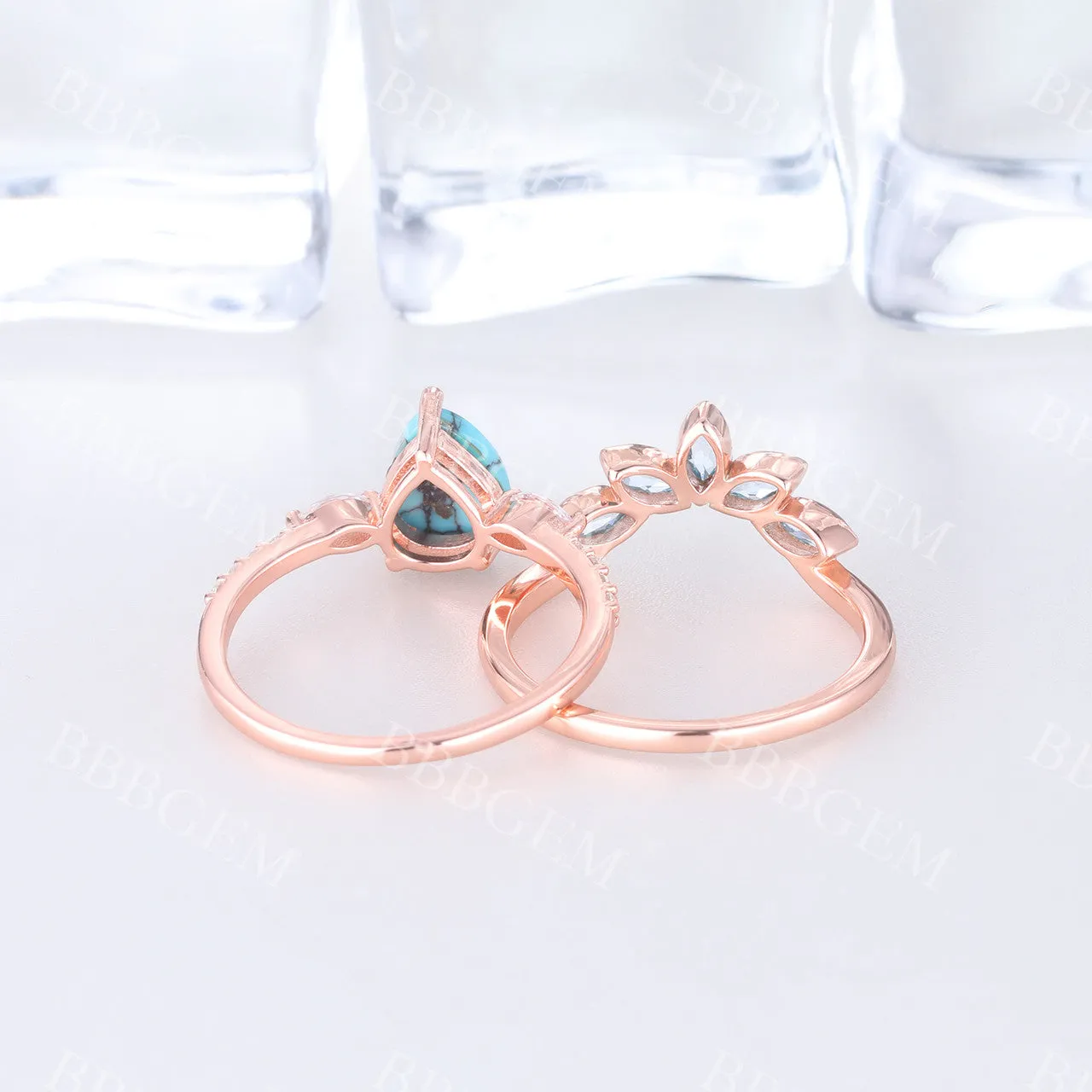 Turquoise Engagement Ring Rose Gold Wedding Ring Set Diamond Bridal Set