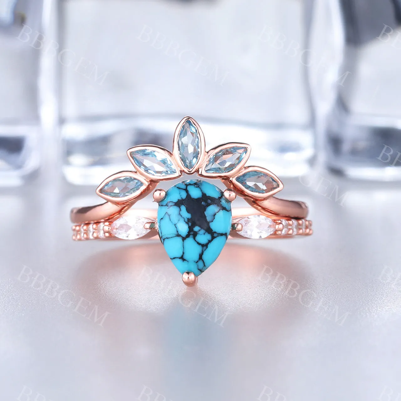 Turquoise Engagement Ring Rose Gold Wedding Ring Set Diamond Bridal Set