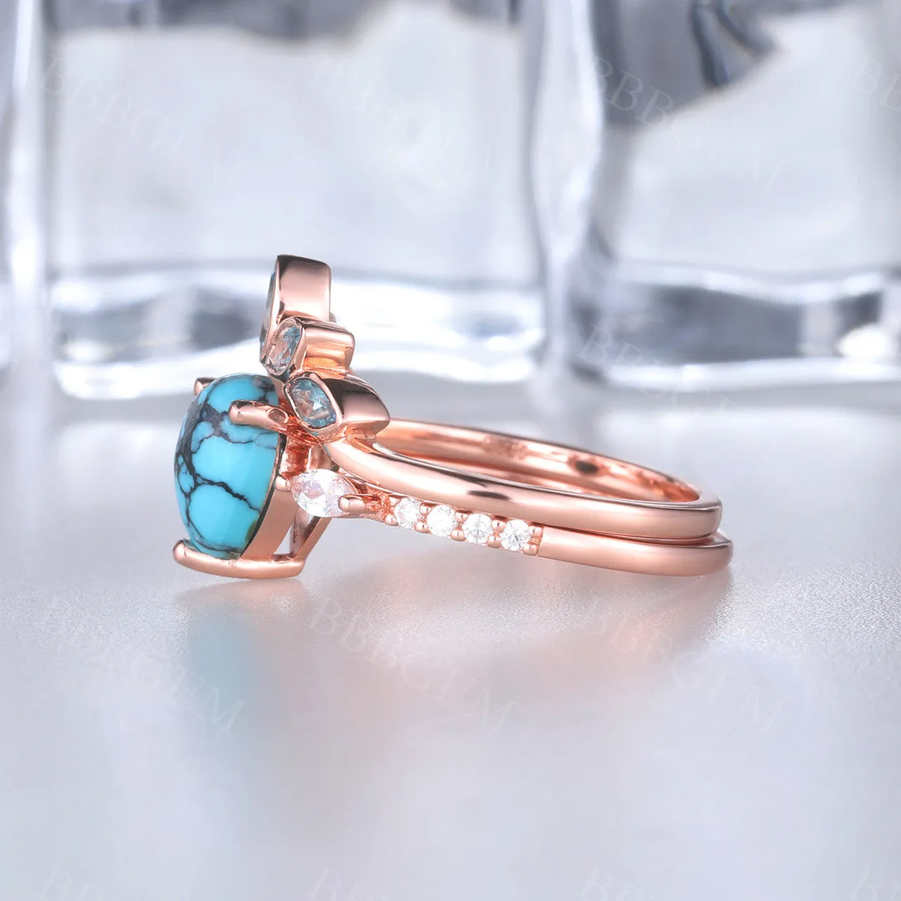 Turquoise Engagement Ring Rose Gold Wedding Ring Set Diamond Bridal Set