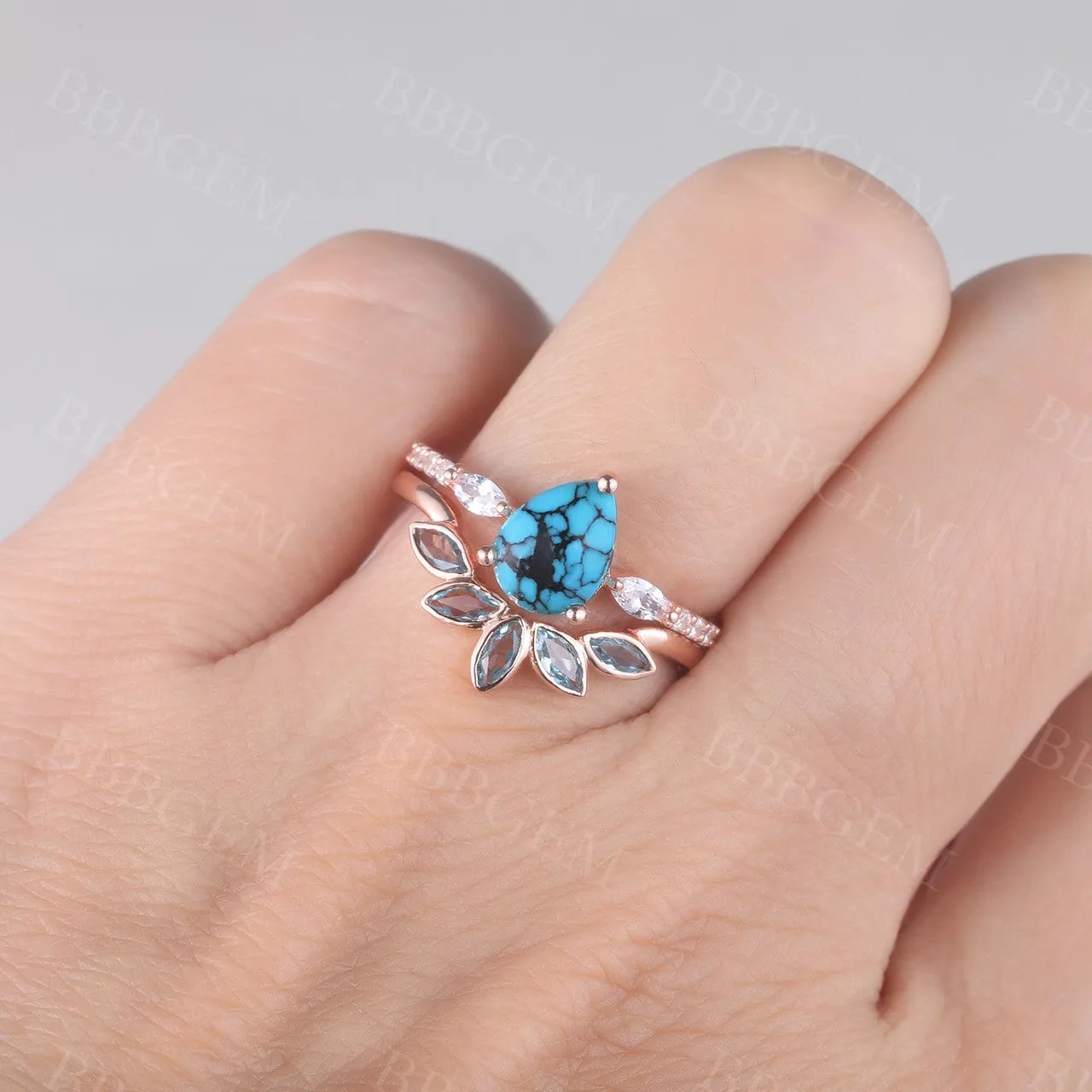 Turquoise Engagement Ring Rose Gold Wedding Ring Set Diamond Bridal Set