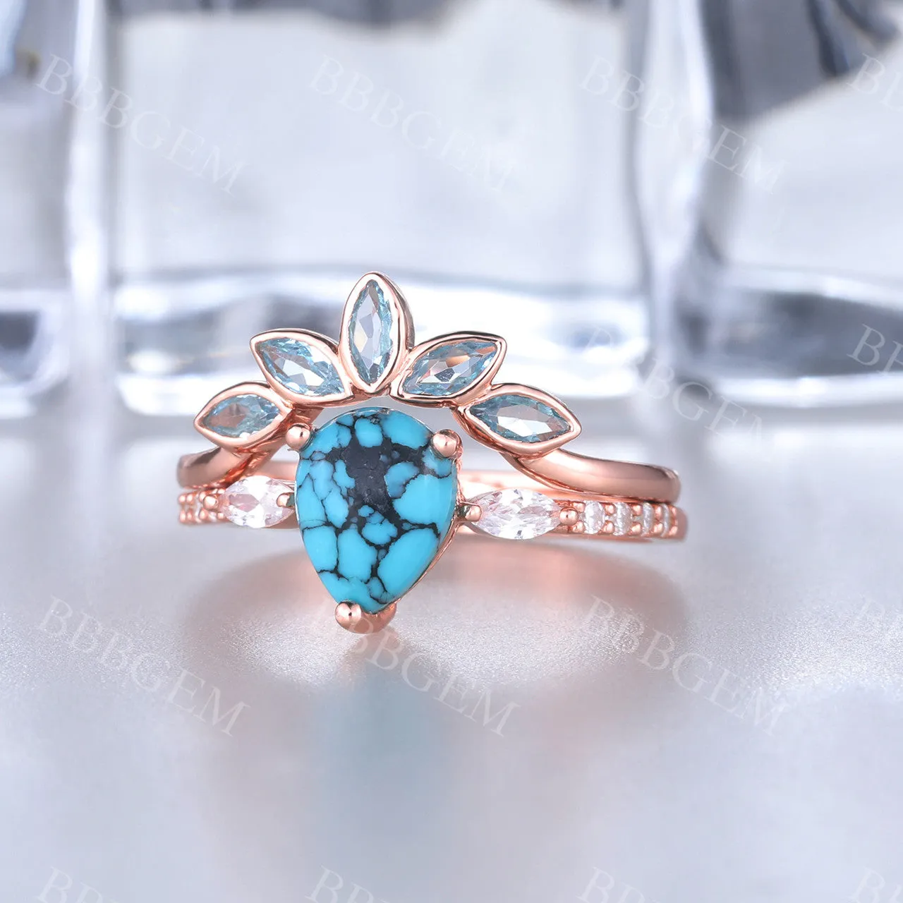 Turquoise Engagement Ring Rose Gold Wedding Ring Set Diamond Bridal Set