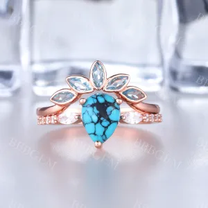 Turquoise Engagement Ring Rose Gold Wedding Ring Set Diamond Bridal Set