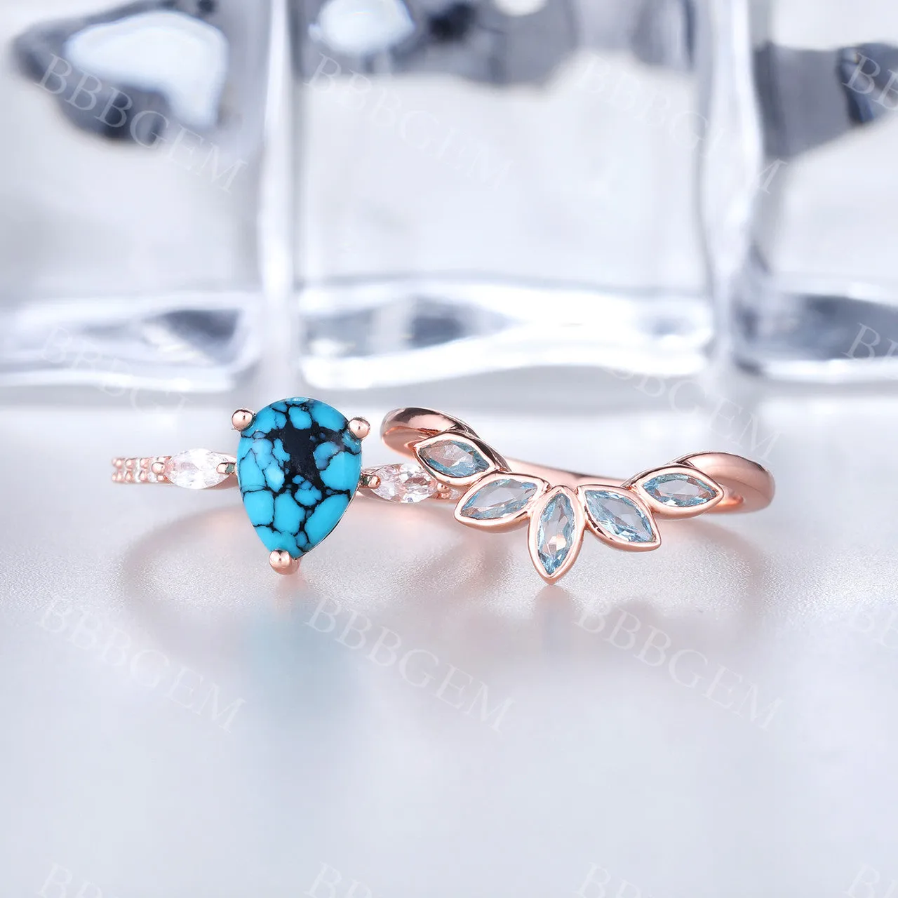 Turquoise Engagement Ring Rose Gold Wedding Ring Set Diamond Bridal Set