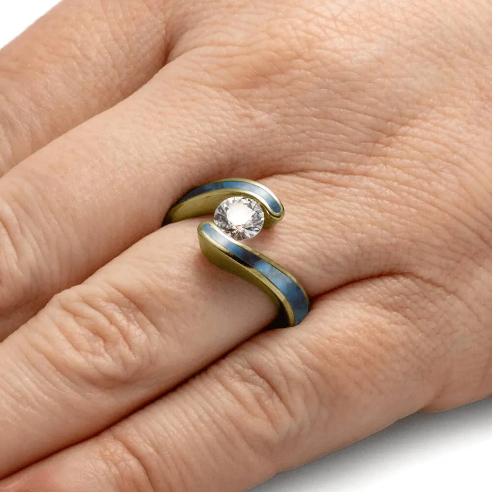 Turquoise Engagement Ring With Yellow Gold Faux Tension Setting
