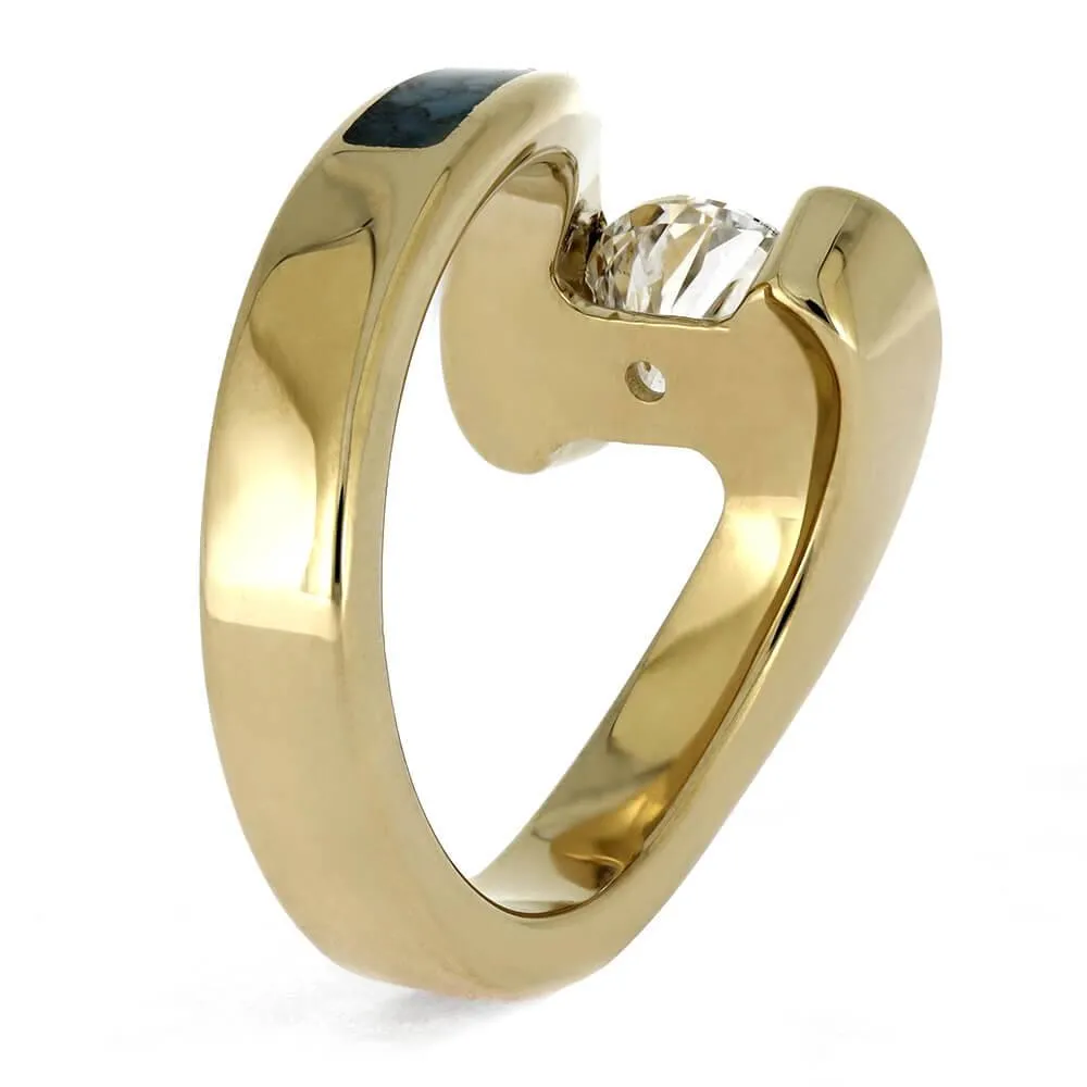 Turquoise Engagement Ring With Yellow Gold Faux Tension Setting