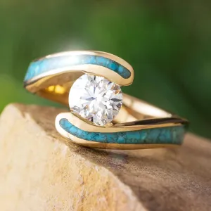 Turquoise Engagement Ring With Yellow Gold Faux Tension Setting