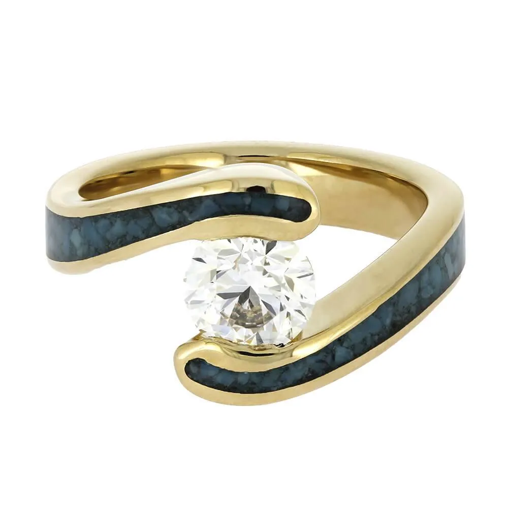 Turquoise Engagement Ring With Yellow Gold Faux Tension Setting