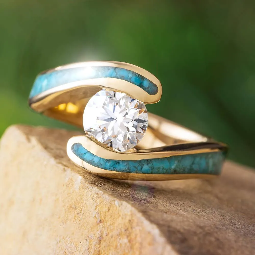 Turquoise Engagement Ring With Yellow Gold Faux Tension Setting