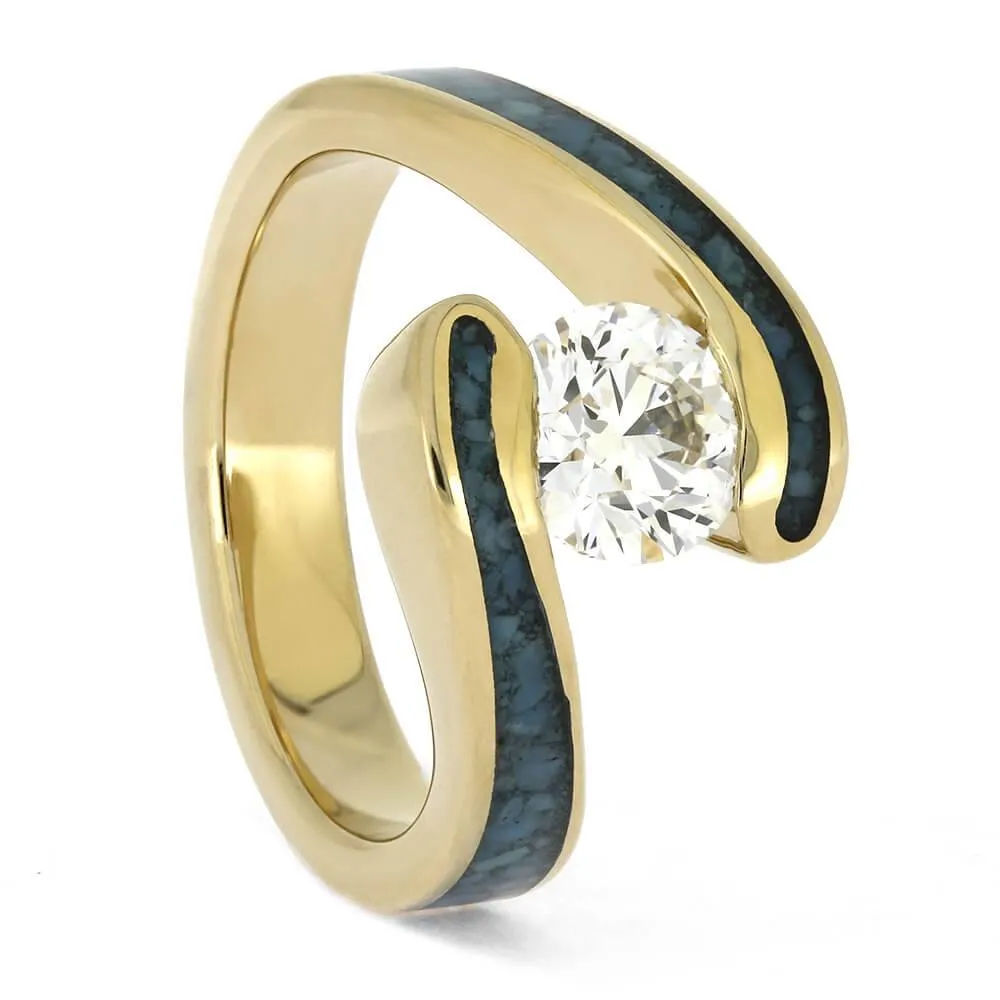 Turquoise Engagement Ring With Yellow Gold Faux Tension Setting