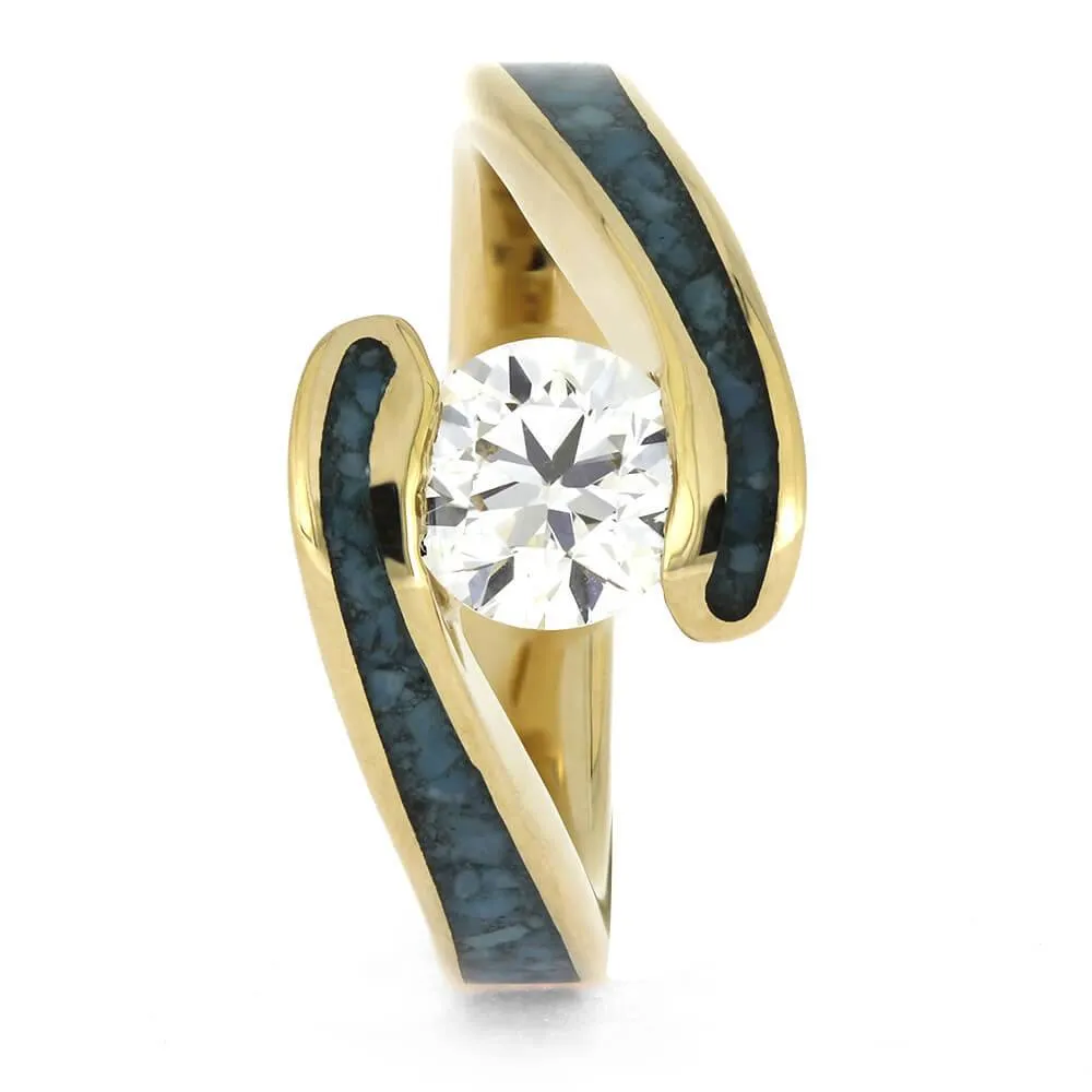 Turquoise Engagement Ring With Yellow Gold Faux Tension Setting