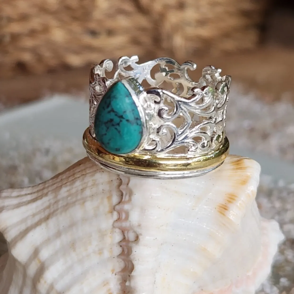 TURQUOISE TEARS - 925 SILVER VERMEIL SPINNER RING