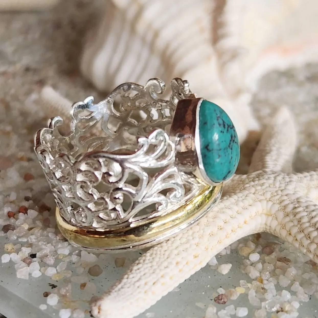 TURQUOISE TEARS - 925 SILVER VERMEIL SPINNER RING