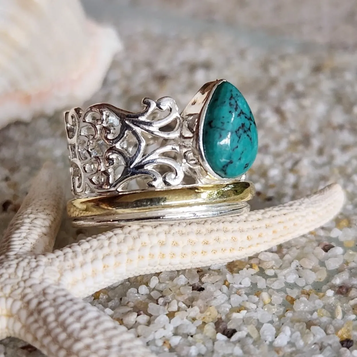 TURQUOISE TEARS - 925 SILVER VERMEIL SPINNER RING