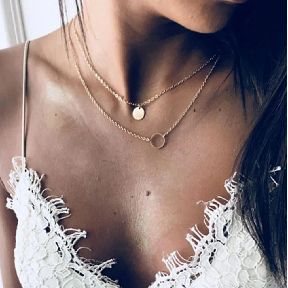 Two Layer Double Circle Necklace - High-Quality Zinc Alloy, 14" and 17.5" Length, 2" Extender