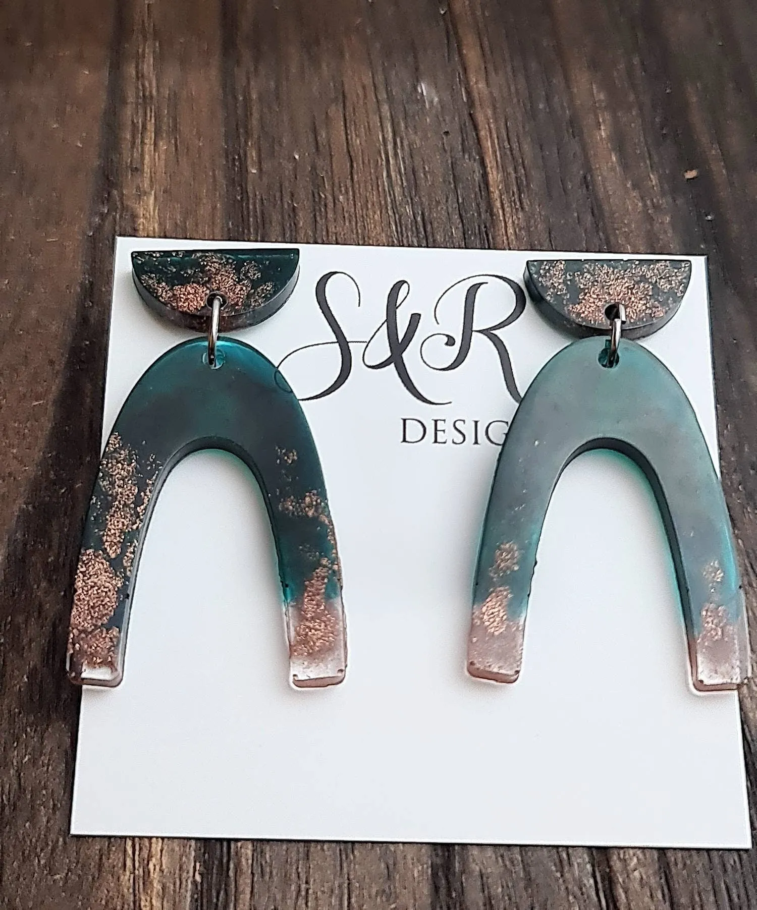 U Shape Dangle Earrings, Emerald Green and Rosegold Earrings, Resin Dangle Earrings, Stainless Steel Earrings, Statement Earrings