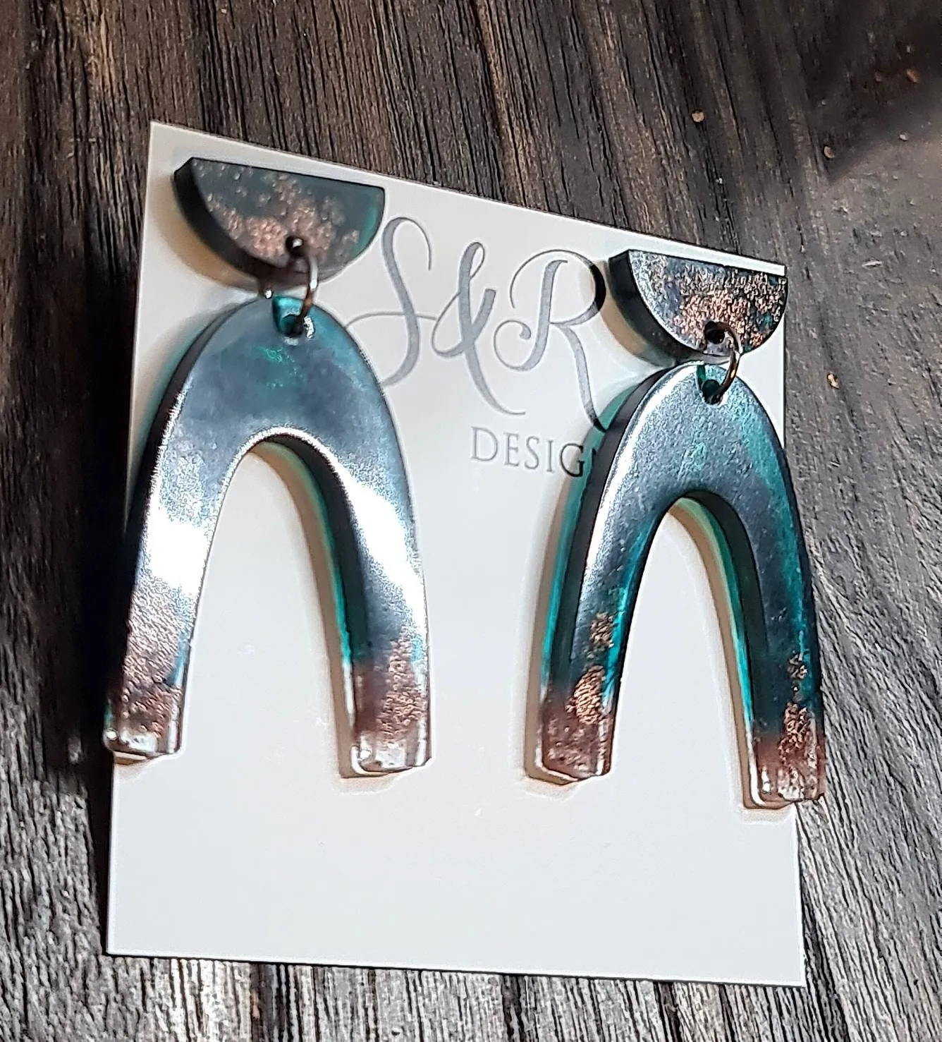 U Shape Dangle Earrings, Emerald Green and Rosegold Earrings, Resin Dangle Earrings, Stainless Steel Earrings, Statement Earrings