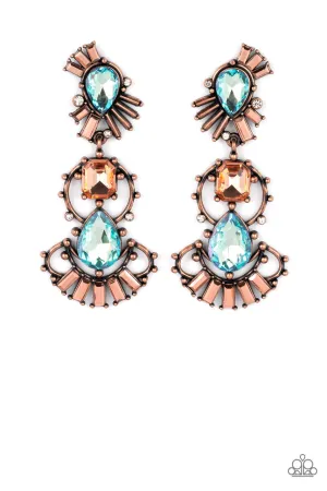 Ultra Universal - Copper - Iridescent Blue Topaz Gem Paparazzi Post Earrings