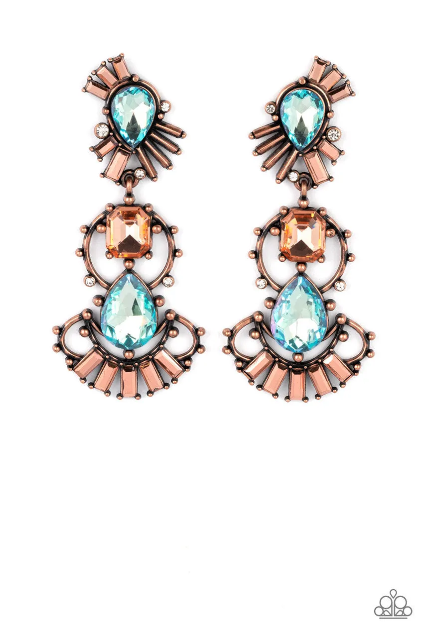 Ultra Universal - Copper - Iridescent Blue Topaz Gem Paparazzi Post Earrings