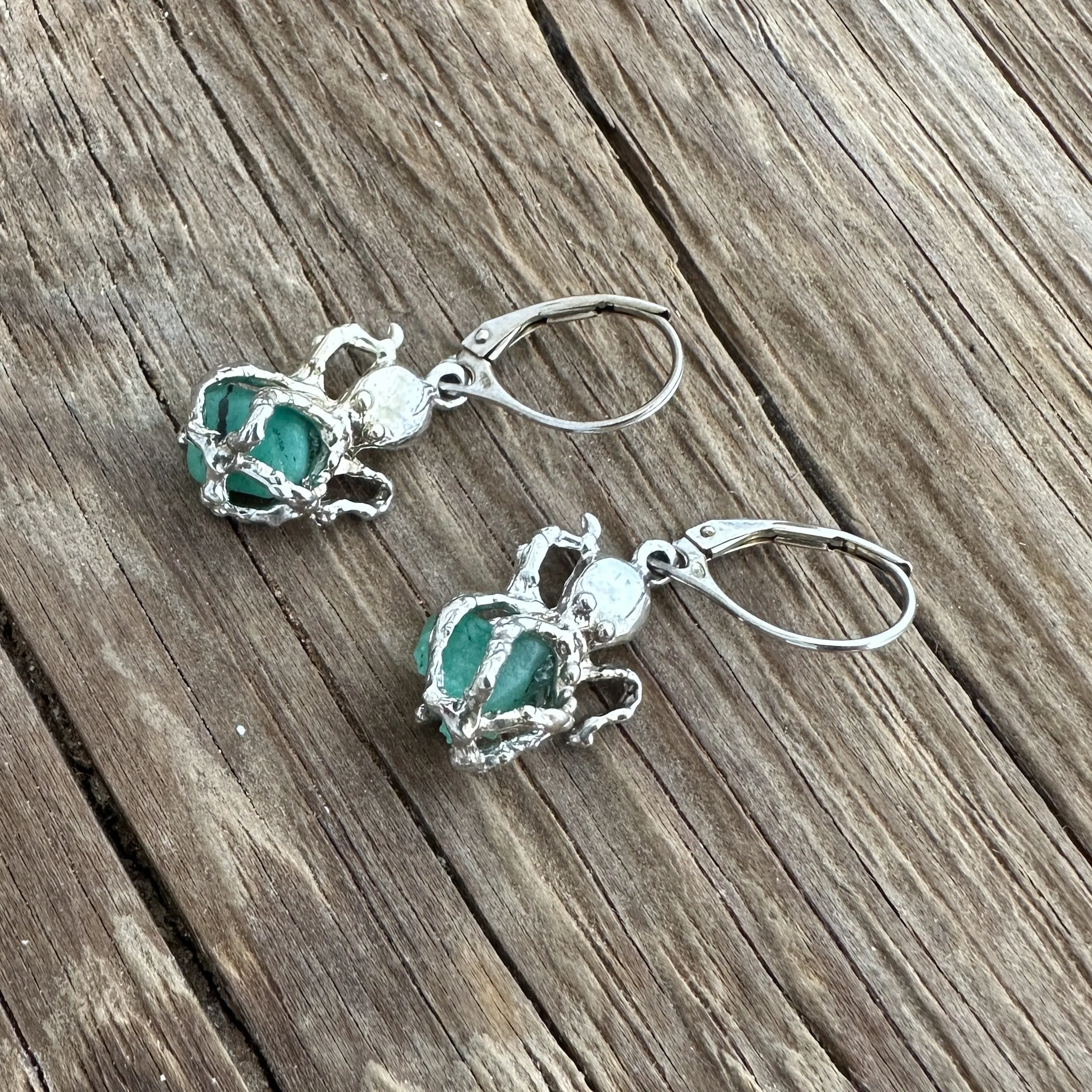 Un-Cut Colombian Emeralds, Mounted in Sterling Silver Earrings