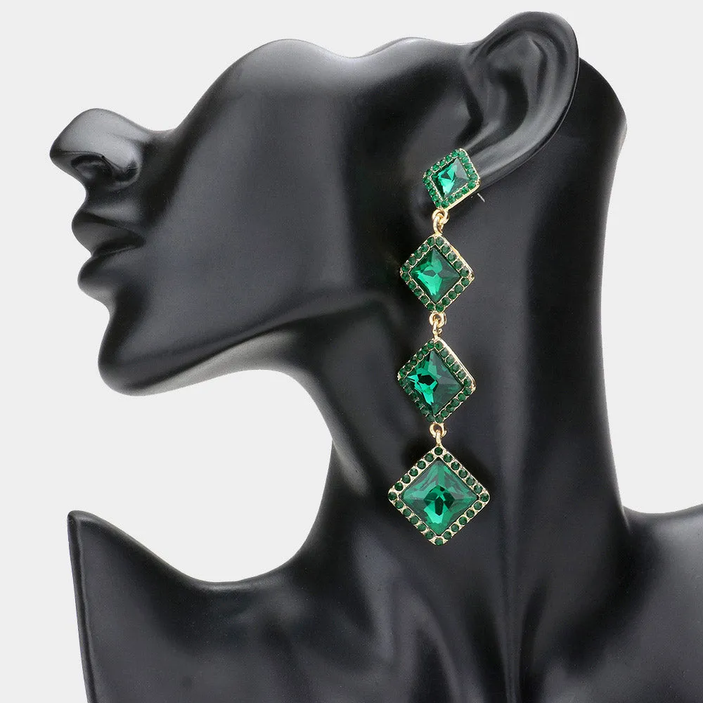 Variegated Emerald Diamond Shape Stone Drop Pageant Earrings| Evening Earrings | 610694