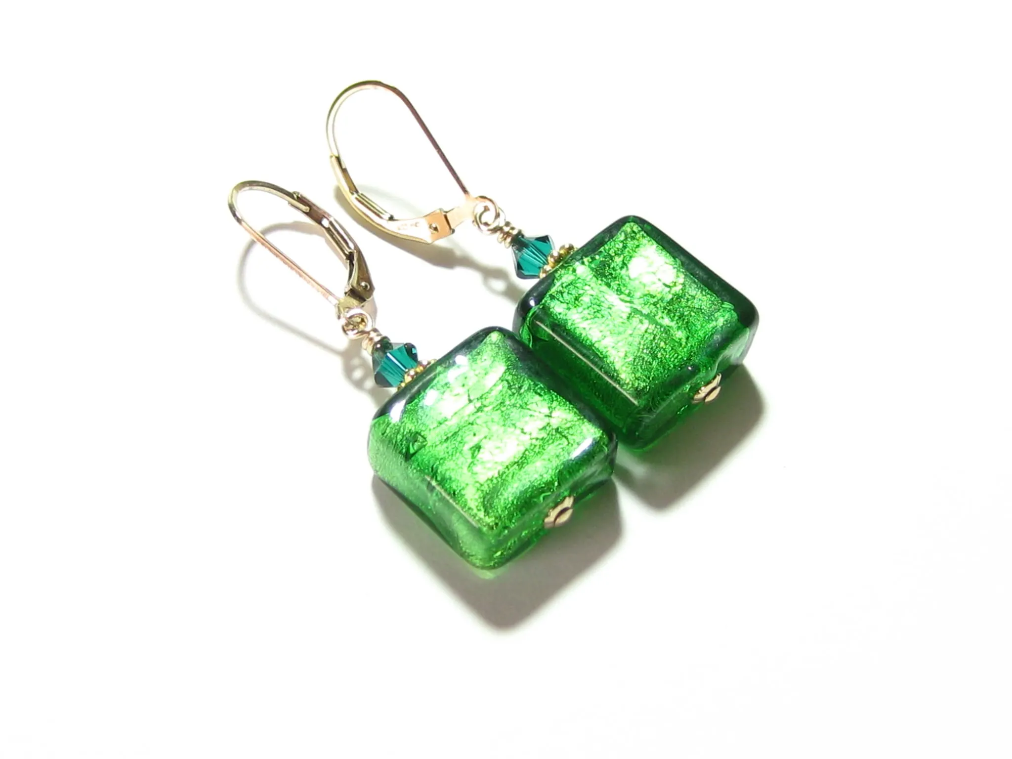 Venetian Glass Emerald Square Gold Earrings, Gold Filled Leverbacks