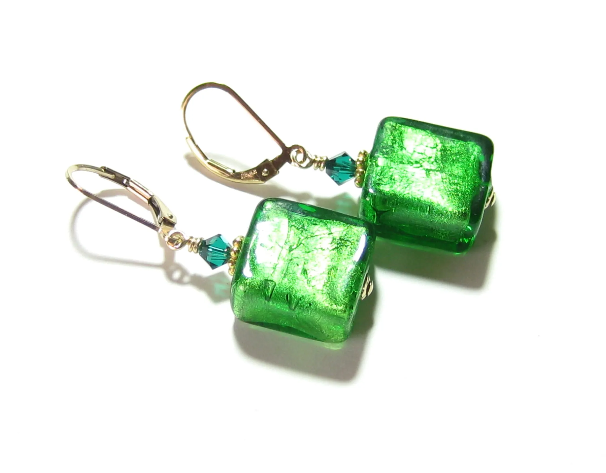 Venetian Glass Emerald Square Gold Earrings, Gold Filled Leverbacks