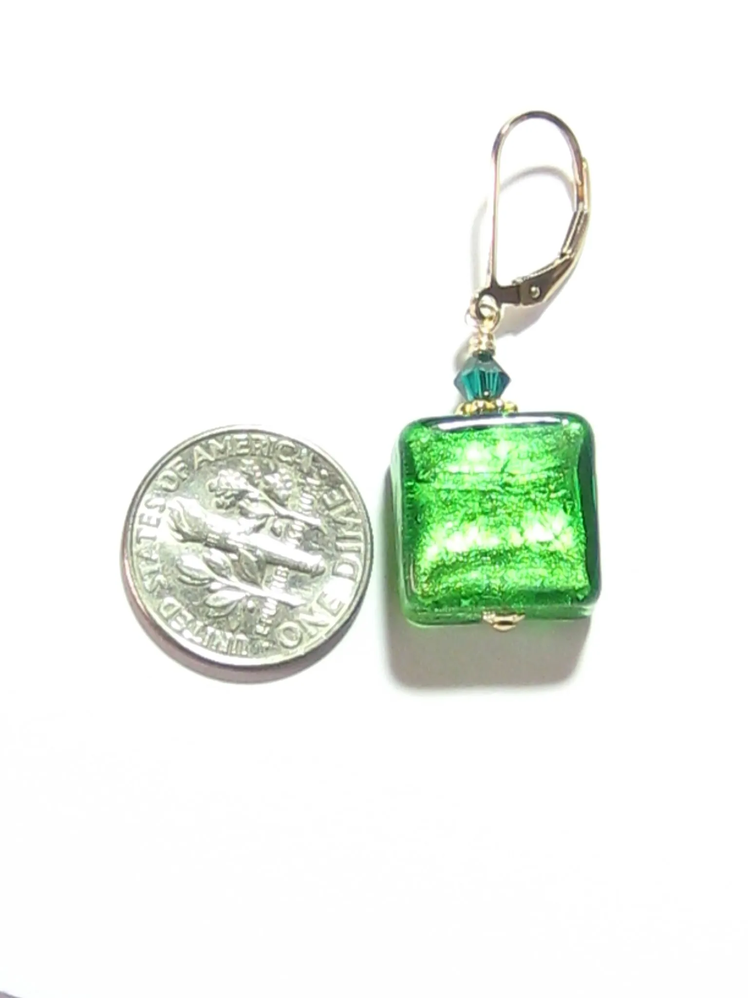 Venetian Glass Emerald Square Gold Earrings, Gold Filled Leverbacks